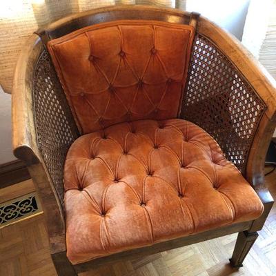 Mid Century Deep Orange Tufted Fabric and Wood Chair