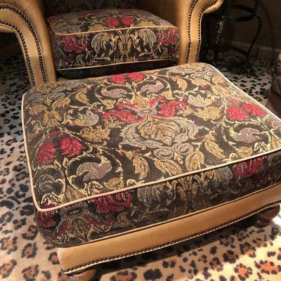 O9: Leather Armchair w/ matching floral ottoman  W/L collection