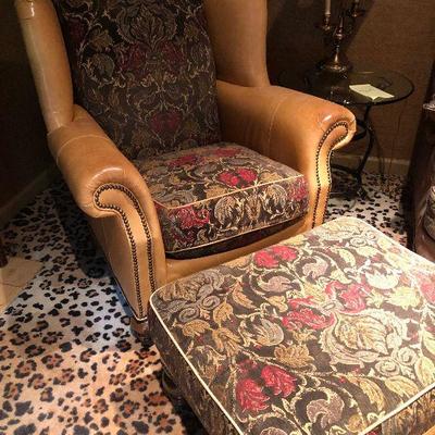 O9: Leather Armchair w/ matching floral ottoman  W/L collection