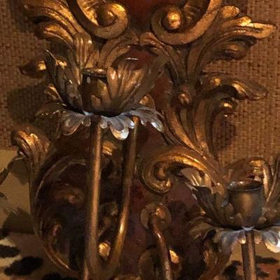 O18: Ornate Vintage Gold Rococo Wall Sconces w/ Candleholders