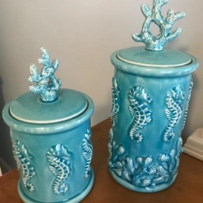 TWO BEAUTIFUL SEAHORSE BLUE CANISTERS WITH LIDS