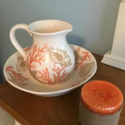 DELICATE LOOKING PITCHER WITH BOWL AND NEW CORAL COLORED CANDLE