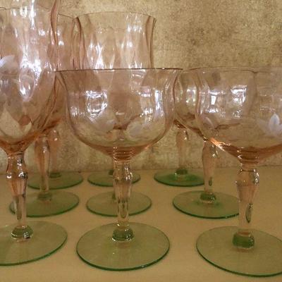 K44: Watermelon Pink and Green Depression Glass Floral Etched Wine Glass