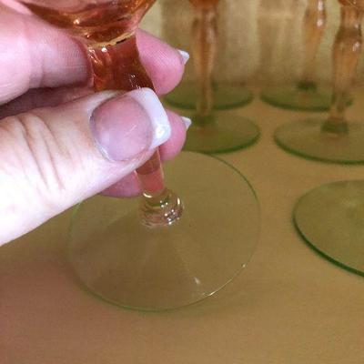K44: Watermelon Pink and Green Depression Glass Floral Etched Wine Glass