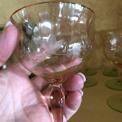K44: Watermelon Pink and Green Depression Glass Floral Etched Wine Glass