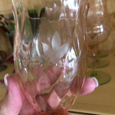 K44: Watermelon Pink and Green Depression Glass Floral Etched Wine Glass