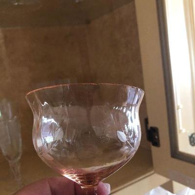 K44: Watermelon Pink and Green Depression Glass Floral Etched Wine Glass