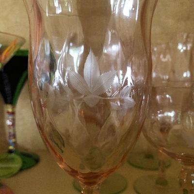 K44: Watermelon Pink and Green Depression Glass Floral Etched Wine Glass