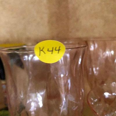 K44: Watermelon Pink and Green Depression Glass Floral Etched Wine Glass