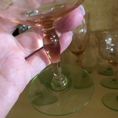 K44: Watermelon Pink and Green Depression Glass Floral Etched Wine Glass