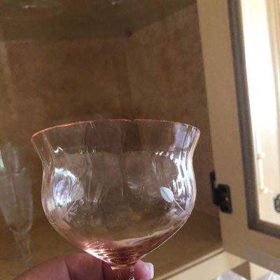 K44: Watermelon Pink and Green Depression Glass Floral Etched Wine Glass