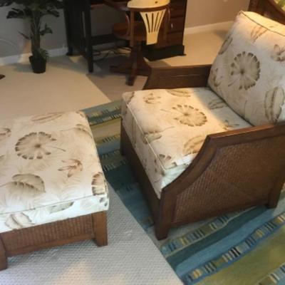 BARELY USED TOMMY BAHAMA UPHOLSTERED CHAIR WITH OTTOMAN
