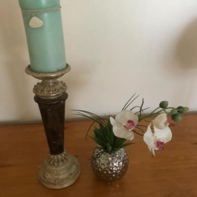 NEW CANDLE AND HOLDER WITH AN ARTIFICIAL ORCHID CONTAINER