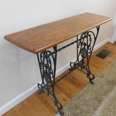 Custom Crafted Wood Top Table with Artisan Black Wrought Iron Base 36