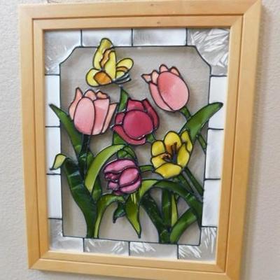Wood Framed Stained Glass Flowers and Butterfly 16