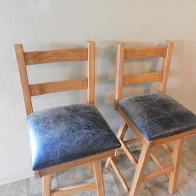 Pair of Block Wood Bar Stools with Distressed Leather Seats 31