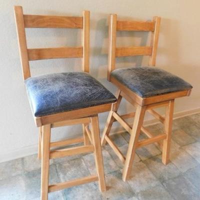 Pair of Block Wood Bar Stools with Distressed Leather Seats 31