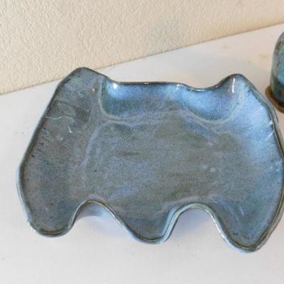 Set of Two Hand Crafted Pottery Ceramic Vessels Heavy Blue Glaze by Charyl Stone
