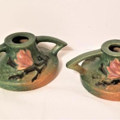 Lot #116  Pair of ROSEVILLE Magnolia Candlesticks - 1943