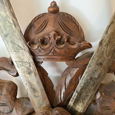 G57: Large Wood Carved Coat of Arms and Swords