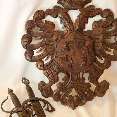 G57: Large Wood Carved Coat of Arms and Swords