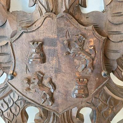 G57: Large Wood Carved Coat of Arms and Swords