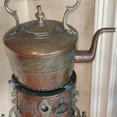 K21: Large Brass Inlaid Samovar Tea kettle On Floor Stand