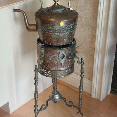 K21: Large Brass Inlaid Samovar Tea kettle On Floor Stand