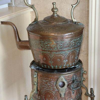 K21: Large Brass Inlaid Samovar Tea kettle On Floor Stand