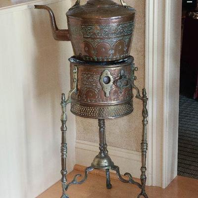 K21: Large Brass Inlaid Samovar Tea kettle On Floor Stand