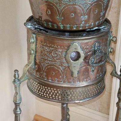 K21: Large Brass Inlaid Samovar Tea kettle On Floor Stand