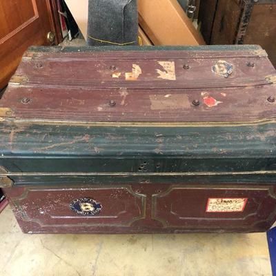 Antique Metal Travel Steamer Trunk in Burgundy Red and Black with Blue Interior