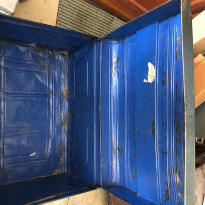 Antique Metal Travel Steamer Trunk in Burgundy Red and Black with Blue Interior