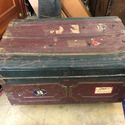 Antique Metal Travel Steamer Trunk in Burgundy Red and Black with Blue Interior
