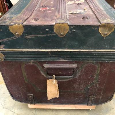 Antique Metal Travel Steamer Trunk in Burgundy Red and Black with Blue Interior