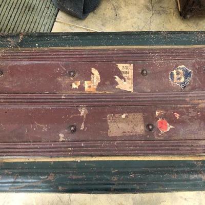 Antique Metal Travel Steamer Trunk in Burgundy Red and Black with Blue Interior