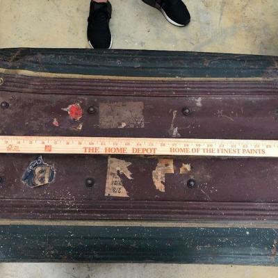 Antique Metal Travel Steamer Trunk in Burgundy Red and Black with Blue Interior