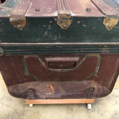 Antique Metal Travel Steamer Trunk in Burgundy Red and Black with Blue Interior
