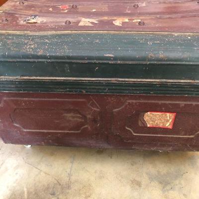 Antique Metal Travel Steamer Trunk in Burgundy Red and Black with Blue Interior
