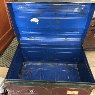 Antique Metal Travel Steamer Trunk in Burgundy Red and Black with Blue Interior
