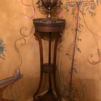 BTH1: Leather, Wood Stand w/ Marble Metal Trimmed Top Tall!