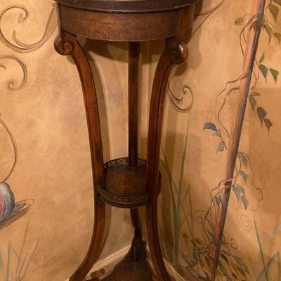 BTH1: Leather, Wood Stand w/ Marble Metal Trimmed Top Tall!