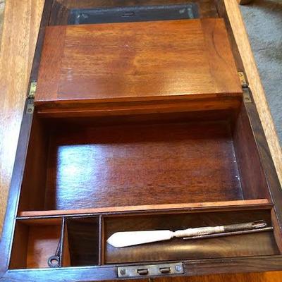 Antique Wood Portable Secretary Travelling Lap Writing Desk with key!