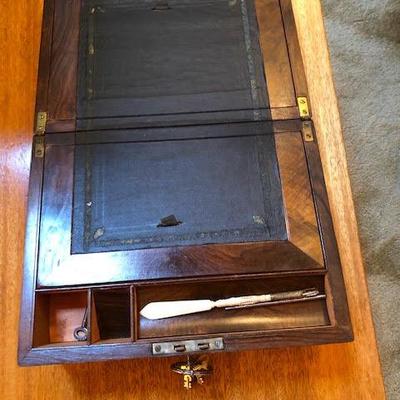 Antique Wood Portable Secretary Travelling Lap Writing Desk with key!