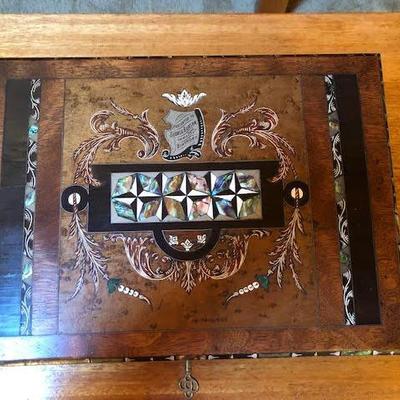 Antique Beautiful Wood & Mother of Pearl Inlay Portable Secretary Travelling Lap Writing Desk