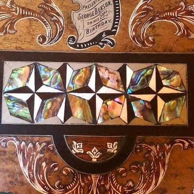 Antique Beautiful Wood & Mother of Pearl Inlay Portable Secretary Travelling Lap Writing Desk