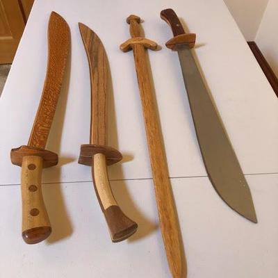 Lot of 4 Display Wood Practice Swords and a Machete