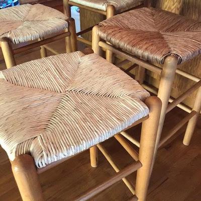 Vintage Set of 4 Wood and Woven Seat Bar Stools