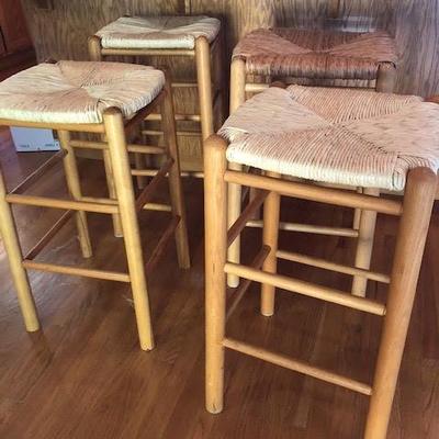 Vintage Set of 4 Wood and Woven Seat Bar Stools