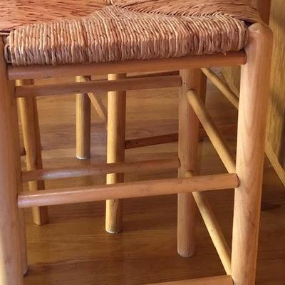 Vintage Set of 4 Wood and Woven Seat Bar Stools